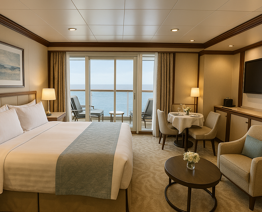 Vista Suite featuring double balcony, large bathroom, and spacious living area